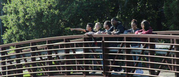 Students on ucsc campus bridge